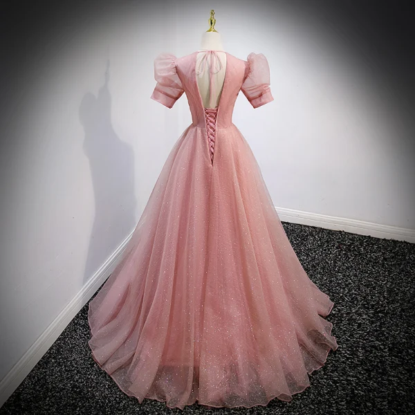 Chic / Beautiful Candy Pink Prom Dresses 2022 Ball Gown V-Neck Beading Sequins Puffy Short Sleeve Backless Floor-Length / Long Formal Dresses