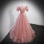 Chic / Beautiful Candy Pink Prom Dresses 2022 Ball Gown V-Neck Beading Sequins Puffy Short Sleeve Backless Floor-Length / Long Formal Dresses