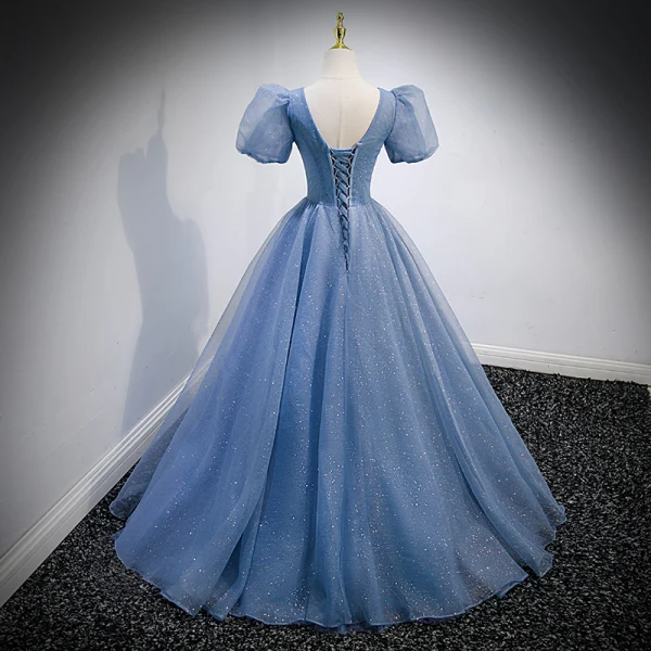 Chic / Belle Bleu Ciel Glitter Perlage Paillettes Robe De Bal 2022 Robe Boule V-Cou Manches Courtes Dos Nu Longue Robe De Ceremonie