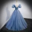 Chic / Belle Bleu Ciel Glitter Perlage Paillettes Robe De Bal 2022 Robe Boule V-Cou Manches Courtes Dos Nu Longue Robe De Ceremonie