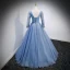Chic / Belle Bleu Ciel Glitter Perlage Paillettes Robe De Bal 2022 Robe Boule V-Cou Manches Longues Dos Nu Longue Robe De Ceremonie