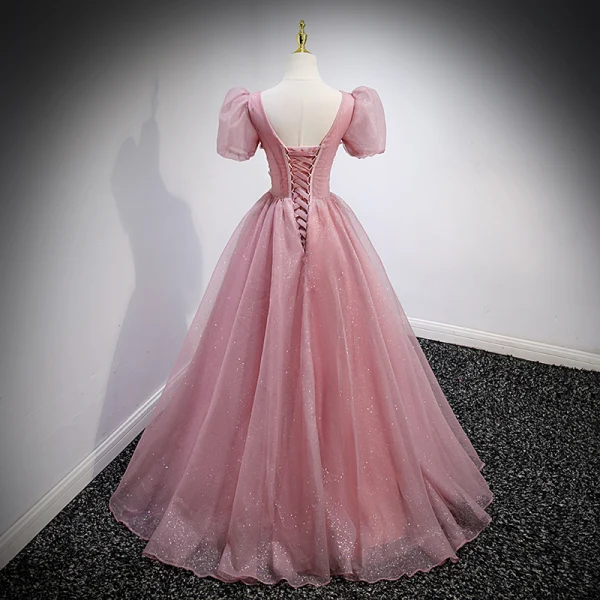 Elegant Blushing Pink Prom Dresses 2022 Ball Gown Floor-Length / Long V-Neck Beading Rhinestone Butterfly Appliques Puffy Short Sleeve Backless Formal Dresses