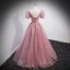 Elegant Blushing Pink Prom Dresses 2022 Ball Gown Floor-Length / Long V-Neck Beading Rhinestone Butterfly Appliques Puffy Short Sleeve Backless Formal Dresses