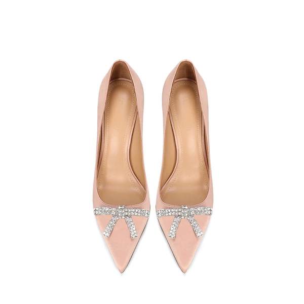 Charming Champagne Leather Satin Wedding Shoes 2022 Rhinestone Bow 10 cm Stiletto Heels Pointed Toe Wedding Pumps High Heels