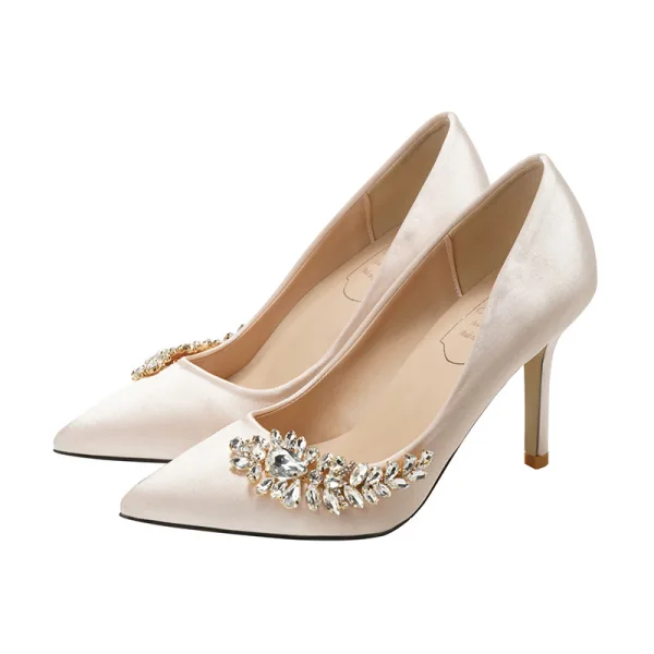 Chic / Beautiful Ivory Rhinestone Wedding Shoes 2022 9 cm Stiletto Heels Pointed Toe Wedding Pumps High Heels