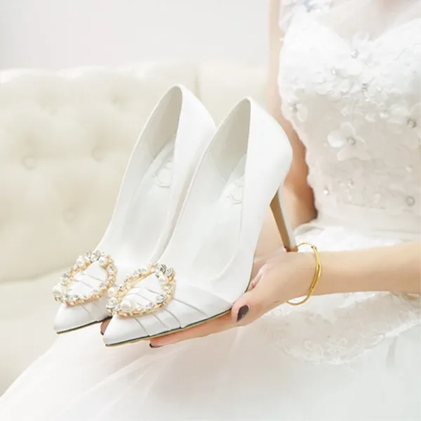 Élégant Ivoire Faux Diamant Perle Chaussure De Mariée 2022 9 cm Talons Aiguilles À Bout Pointu Mariage Talons Hauts