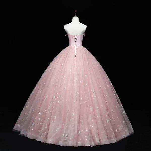 Elegante Pink Ballkleider 2022 Bandeau Perlenstickerei Perle Pailletten Ärmellos Rückenfreies Lange Festliche Kleider
