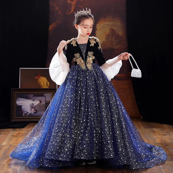 Sparkly Navy Blue Star Sequins Birthday Flower Girl Dresses 2022 Ball Gown Square Neckline Rhinestone Lace Flower Bell sleeves Sweep Train Flower Girl Dresses