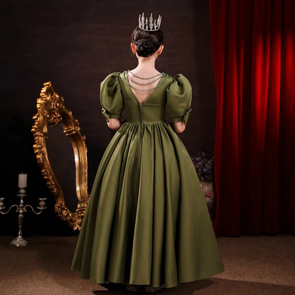 Modest / Simple Clover Green Satin Birthday Flower Girl Dresses 2022 Ball Gown V-Neck Puffy Short Sleeve Backless Floor-Length / Long Flower Girl Dresses
