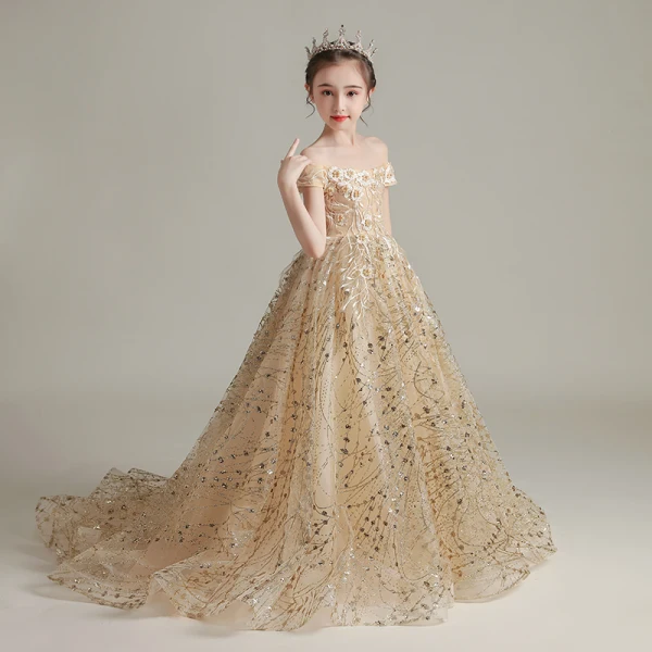 Schöne Champagner Perle Spitze Blumen Pailletten Geburtstag Ball Blumenmädchenkleider 2022 Ballkleid Off Shoulder Kurze Ärmel Rückenfreies Lange Blumenmädchenkleider