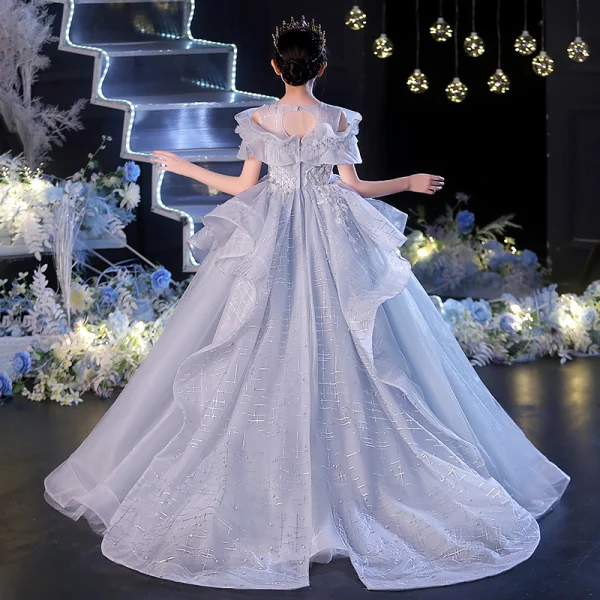 Classy Sky Blue Cascading Ruffles Flower Girl Dresses 2022 Ball Gown Scoop Neck Beading Sequins Short Sleeve Backless Court Train Flower Girl Dresses