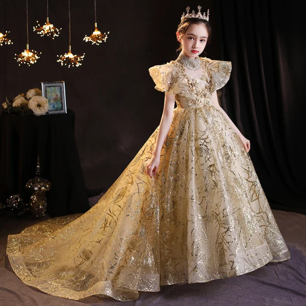Sparkly Gold Beading Pearl Sequins Lace Flower Birthday Flower Girl Dresses 2022 Ball Gown High Neck Short Sleeve Court Train Flower Girl Dresses