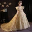 Sparkly Gold Beading Pearl Sequins Lace Flower Birthday Flower Girl Dresses 2022 Ball Gown High Neck Short Sleeve Court Train Flower Girl Dresses