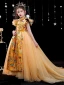 Style Chinois Jaune Impression Anniversaire Robe Ceremonie Fille 2022 Robe Boule Col Haut Gonflée Manches Courtes Tribunal Train Robe Ceremonie Fille