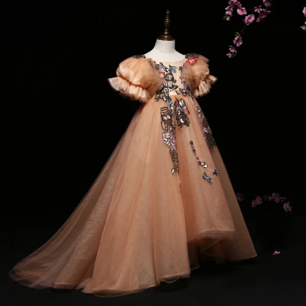 Flower Fairy Champagne Flower Girl Dresses 2022 Ball Gown Scoop Neck Lace Flower Sequins Appliques Puffy Short Sleeve Backless Floor-Length / Long Flower Girl Dresses