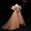 Flower Fairy Champagne Flower Girl Dresses 2022 Ball Gown Scoop Neck Lace Flower Sequins Appliques Puffy Short Sleeve Backless Floor-Length / Long Flower Girl Dresses