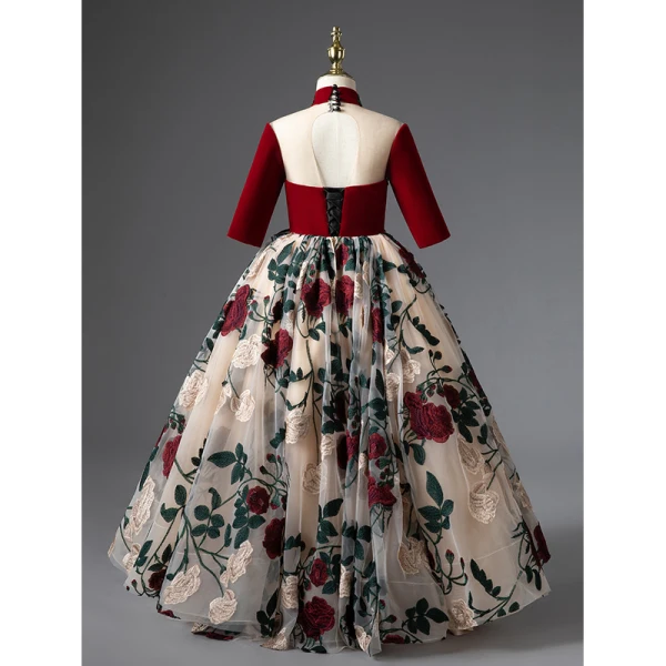 Elegant Burgundy Birthday Flower Girl Dresses 2022 Ball Gown High Neck Beading Tassel Lace Flower 1/2 Sleeves Backless Floor-Length / Long Flower Girl Dresses