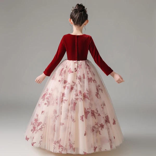 Chic / Beautiful Burgundy Suede Birthday Flower Girl Dresses 2022 Ball Gown Scoop Neck Lace Butterfly Long Sleeve Floor-Length / Long Flower Girl Dresses