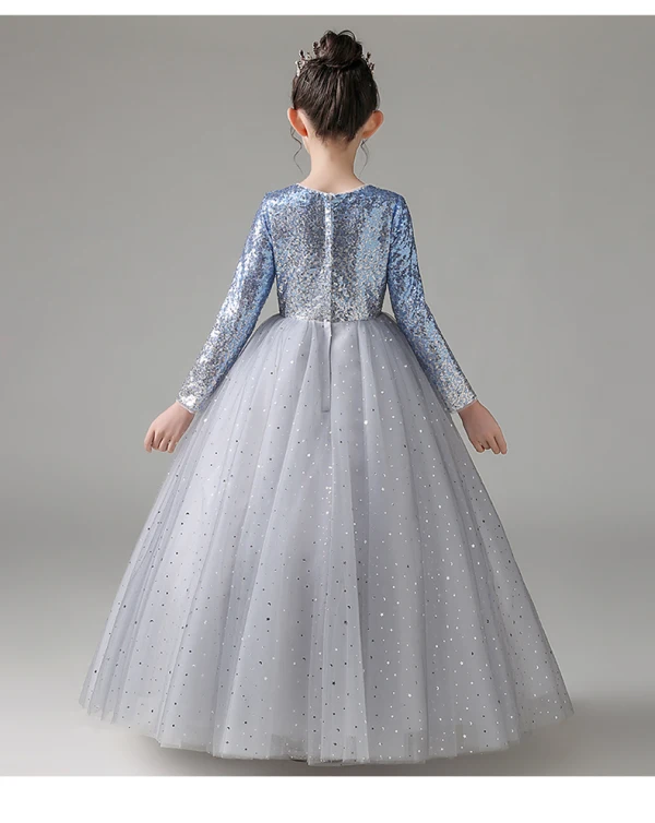 Sparkly Sky Blue Gradient-Color Sequins Birthday Flower Girl Dresses 2022 Ball Gown Scoop Neck Long Sleeve Floor-Length / Long Flower Girl Dresses