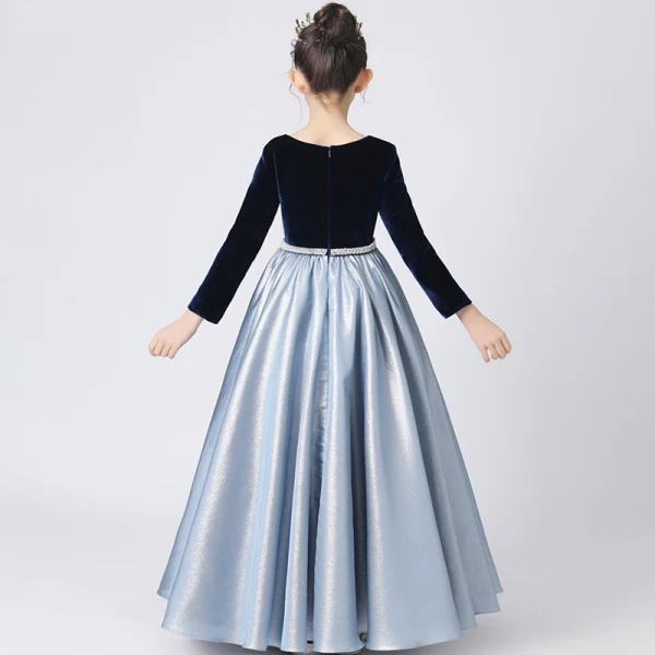Vintage / Retro Navy Blue Suede Satin Birthday Flower Girl Dresses 2022 A-Line / Princess Scoop Neck Long Sleeve Floor-Length / Long Flower Girl Dresses