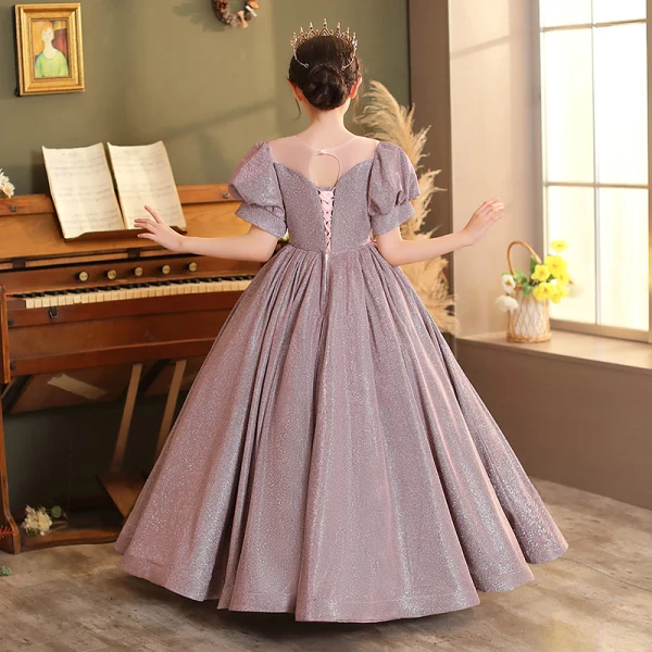 Sparkly Lavender Glitter Sequins Lace Flower Flower Girl Dresses 2022 Ball Gown Birthday Scoop Neck Short Sleeve Backless Floor-Length / Long Flower Girl Dresses