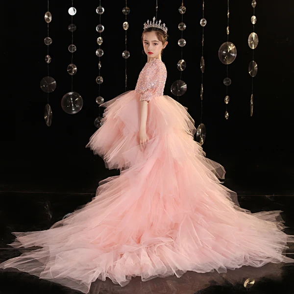 Mode Rougissant Rose Volants en Cascade Anniversaire Soirée Robe Ceremonie Fille 2022 Robe Boule Encolure Dégagée Paillettes Manches Courtes Dos Nu Tribunal Train Robe Ceremonie Fille