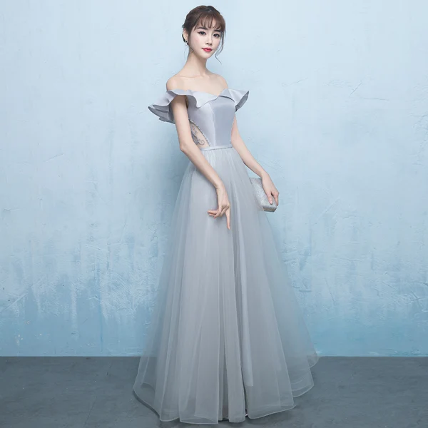 Elegant Grey Prom Dresses 2018 A-Line / Princess Off-The-Shoulder Short Sleeve Beading Sash Floor-Length / Long Ruffle Backless Formal Dresses