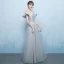 Elegant Grey Prom Dresses 2018 A-Line / Princess Off-The-Shoulder Short Sleeve Beading Sash Floor-Length / Long Ruffle Backless Formal Dresses