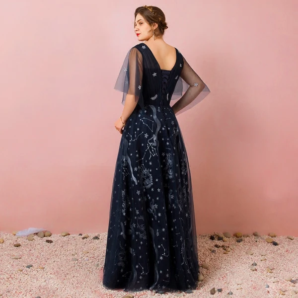 Bling Bling Bleu Marine Robe De Soirée 2018 Tulle Dos Nu Impression Printemps Soirée Robe De Ceremonie