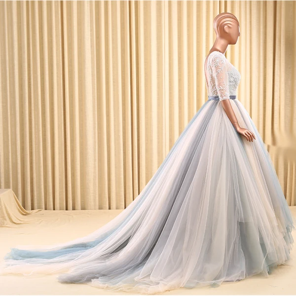 Chic / Belle Robe De Bal 2017 1/2 Manches Perlage Volants Tulle Ceinture Dos Nu Chapel Train Robe De Ceremonie