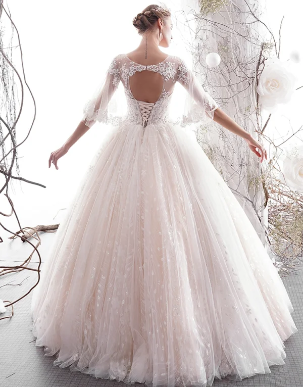 Elegant Champagne Wedding Dresses 2019 A-Line / Princess Short Sleeve Beading Lace Flower Scoop Neck Backless Floor-Length / Long