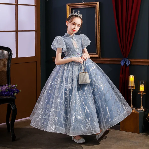 Sparkly Sky Blue Pearl Rhinestone Sequins Birthday Flower Girl Dresses 2022 Ball Gown High Neck Puffy Short Sleeve Backless Floor-Length / Long Flower Girl Dresses