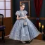 Sparkly Sky Blue Pearl Rhinestone Sequins Birthday Flower Girl Dresses 2022 Ball Gown High Neck Puffy Short Sleeve Backless Floor-Length / Long Flower Girl Dresses