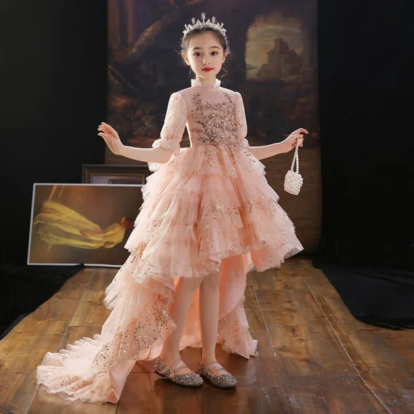 Chic / Beautiful Pearl Pink Beading Lace Sequins Cascading Ruffles Birthday Flower Girl Dresses 2022 Ball Gown High Neck 1/2 Sleeves Sweep Train Flower Girl Dresses