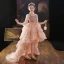 Chic / Beautiful Pearl Pink Beading Lace Sequins Cascading Ruffles Birthday Flower Girl Dresses 2022 Ball Gown High Neck 1/2 Sleeves Sweep Train Flower Girl Dresses