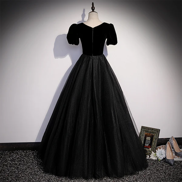 Elegant Black Suede Prom Dresses 2022 A-Line / Princess Square Neckline Short Sleeve Floor-Length / Long Formal Dresses