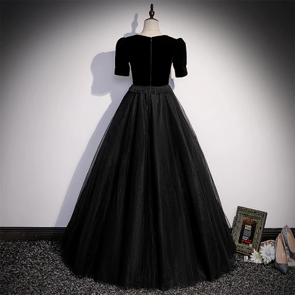 Elegant Black Suede Prom Dresses 2022 A-Line / Princess Square Neckline Beading Tassel Short Sleeve Floor-Length / Long Formal Dresses