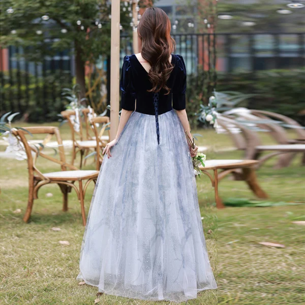 Elegant Navy Blue Suede Prom Dresses 2022 A-Line / Princess Square Neckline 1/2 Sleeves Backless Floor-Length / Long Formal Dresses