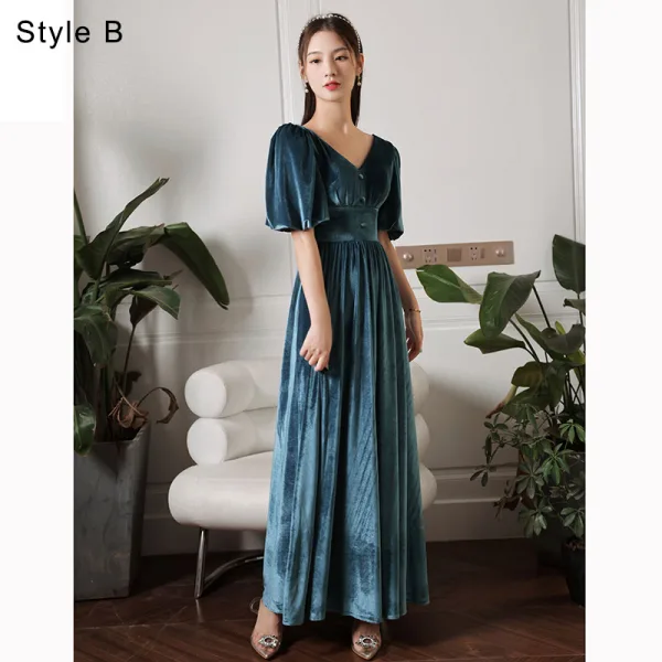 Modest / Simple Ink Blue Suede Bridesmaid Dresses 2022 A-Line / Princess V-Neck Short Sleeve Backless Floor-Length / Long Wedding Party Dresses