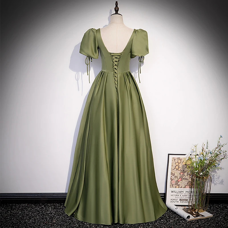 Modest Simple Clover Green Satin Prom Dresses 2022 A-Line Princess V-Neck Puffy Short