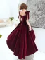 Modest / Simple Burgundy Suede Prom Dresses 2022 A-Line / Princess Spaghetti Straps Bow Sleeveless Backless Floor-Length / Long Formal Dresses