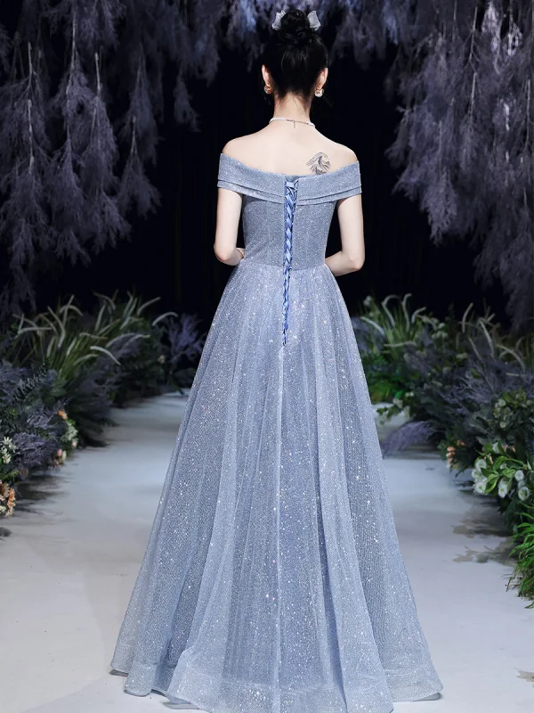 Charming Sparkly Sky Blue Glitter Sequins Prom Dresses 2022 A-Line / Princess Off-The-Shoulder Bow Short Sleeve Backless Floor-Length / Long Formal Dresses
