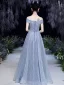 Charming Sparkly Sky Blue Glitter Sequins Prom Dresses 2022 A-Line / Princess Off-The-Shoulder Bow Short Sleeve Backless Floor-Length / Long Formal Dresses