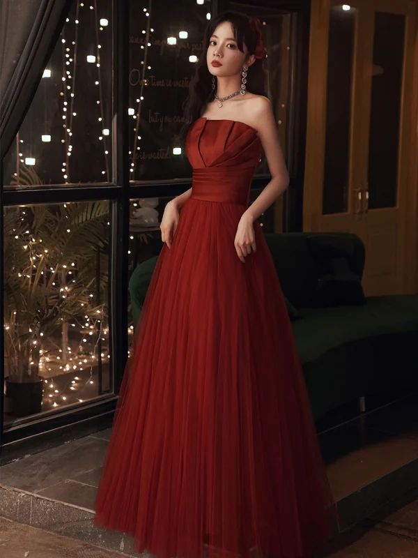 Chic / Beautiful Burgundy Prom Dresses 2022 A-Line / Princess Strapless Sleeveless Backless Floor-Length / Long Formal Dresses