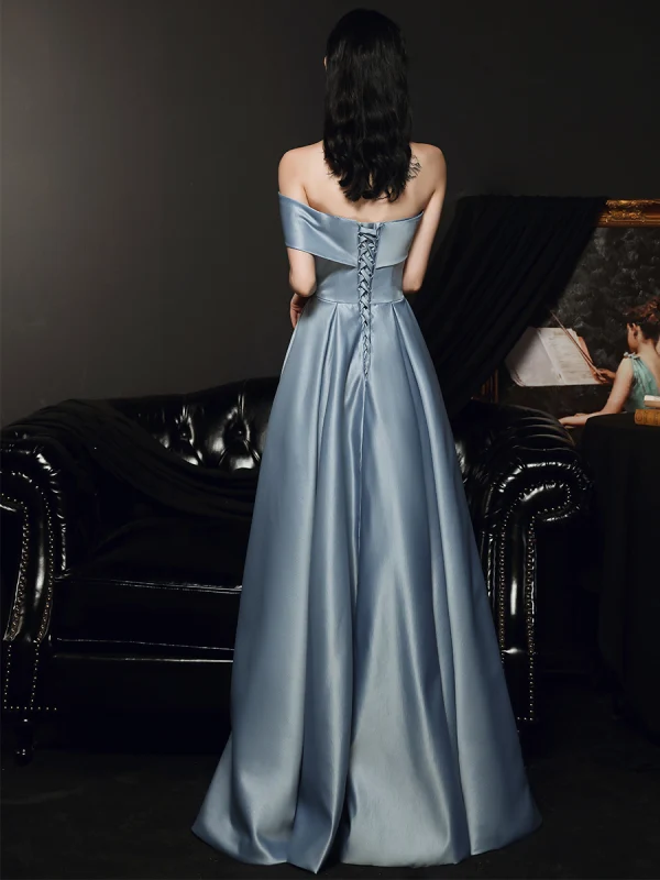 Classy Sky Blue Satin Prom Dresses 2022 A-Line / Princess One-Shoulder Short Sleeve Backless Floor-Length / Long Formal Dresses