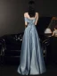 Classy Sky Blue Satin Prom Dresses 2022 A-Line / Princess One-Shoulder Short Sleeve Backless Floor-Length / Long Formal Dresses