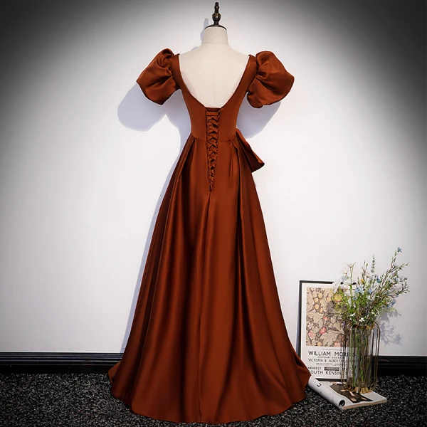 Elegant Brown Satin Prom Dresses 2022 A-Line / Princess Square Neckline Puffy Short Sleeve Bow Backless Floor-Length / Long Formal Dresses