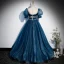 Élégant Océan Bleu Paillettes Robe De Bal 2022 Robe Boule Encolure Dégagée Gonflée Manches Courtes Noeud Longue Robe De Ceremonie