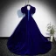 Vintage / Retro Royal Blue Suede Prom Dresses 2022 Ball Gown V-Neck Puffy Short Sleeve Rhinestone Lace Flower Backless Floor-Length / Long Formal Dresses