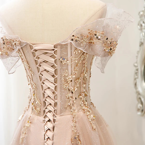 Charmant Rougissant Rose Perlage Paillettes En Dentelle Fleur Robe De Bal 2022 Princesse De l'épaule Manches Courtes Dos Nu Longue Robe De Ceremonie